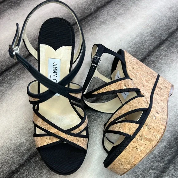 Jimmy Choo Alissa 120 Natural Black Cork Grossgrain Wedges - Picture 1 of 10